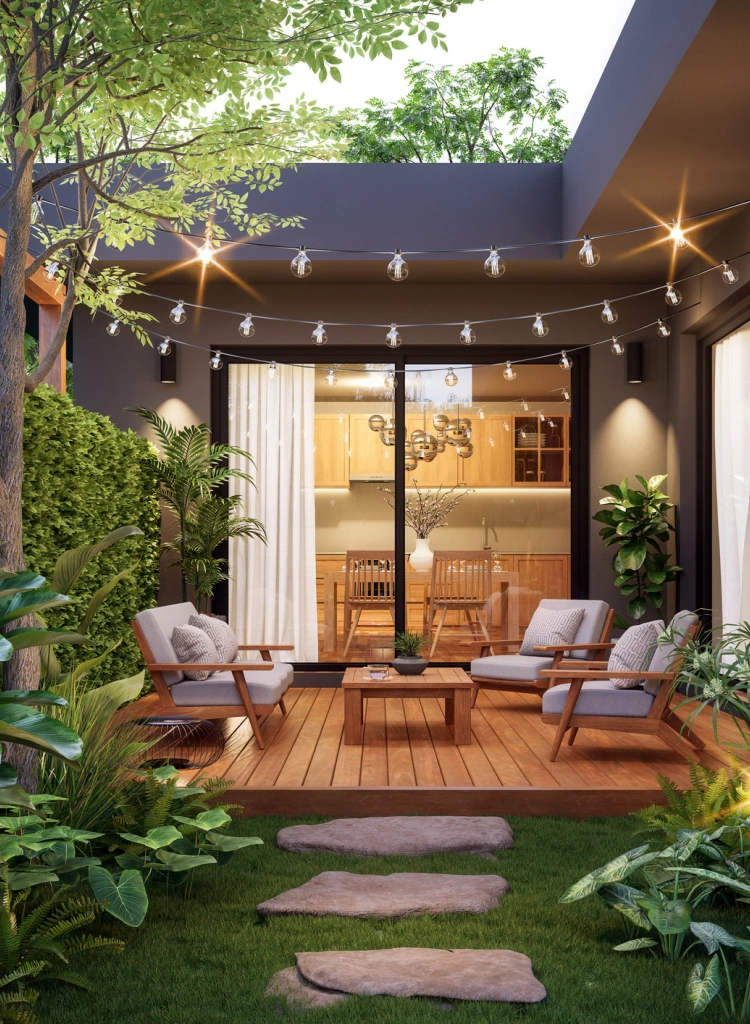 Modern contemporary style small wooden terrace in lush garden with house interior