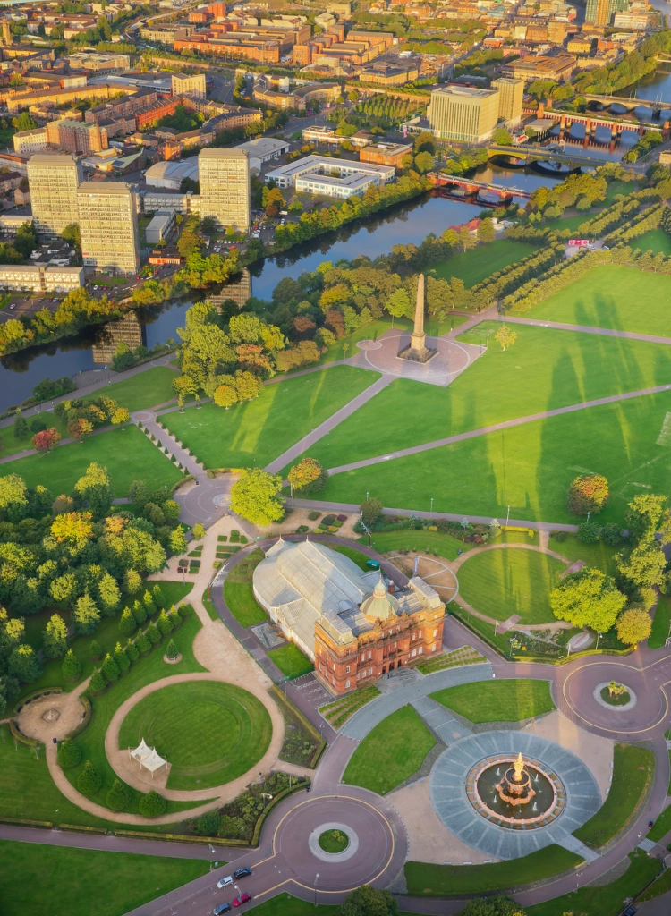 Aerial view of Glasgow Green and the River Clyde at sunrise