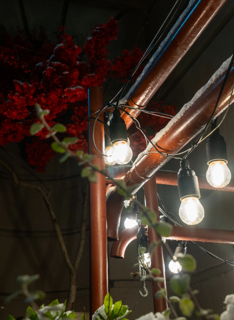 Snowy railing with string lights and winter plants Festive winter night with glowing bulbs and snow covered plants creating a magical outdoor ambiance