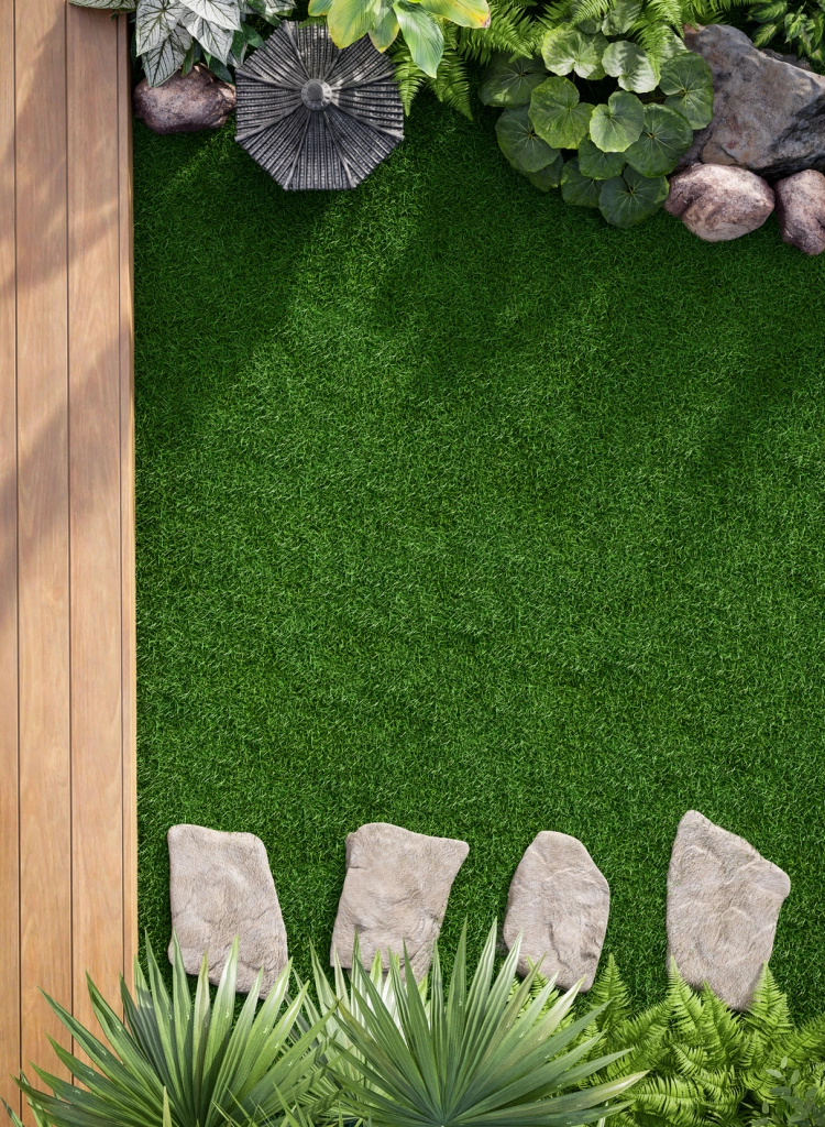 Garden Trends 3 D render of aerial view of tropical garden terrace with wooden chairs