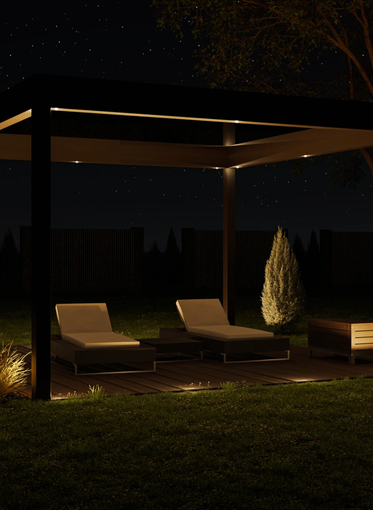 3d rendering of a modern anthracite pergola on the green lawn at night
