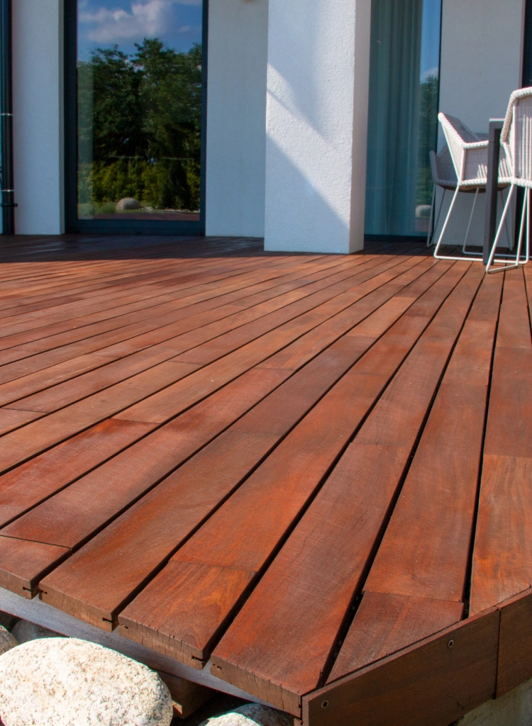 Modern house design with wooden patio low angle view of ipe hardwood decking