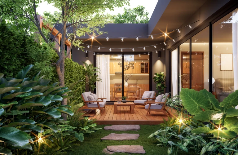 Modern contemporary style small wooden terrace in lush garden with house interior