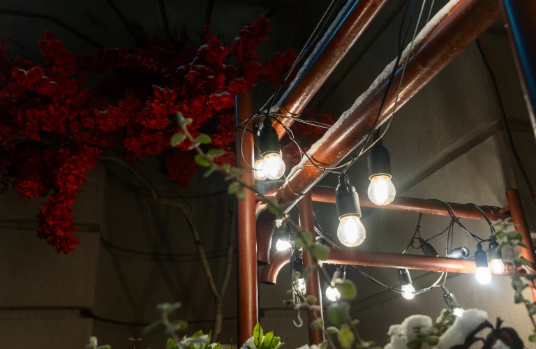 Snowy railing with string lights and winter plants Festive winter night with glowing bulbs and snow covered plants creating a magical outdoor ambiance