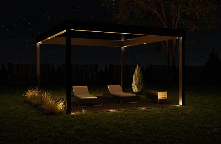 3d rendering of a modern anthracite pergola on the green lawn at night