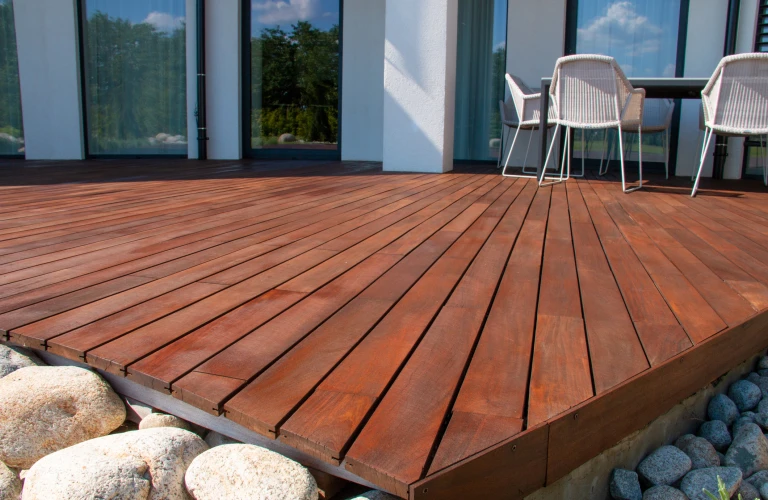 Modern house design with wooden patio low angle view of ipe hardwood decking